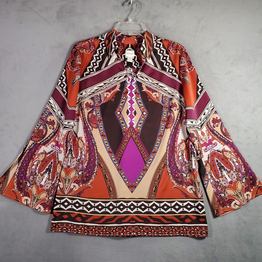 Chicos Shirt Womens S/1 Scarf Print Geometric Boho Chic Art‎ To Wear Maximalist